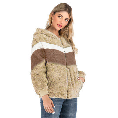 Damen Fleecejacke mit kontrastierenden Streifen und Kapuze
