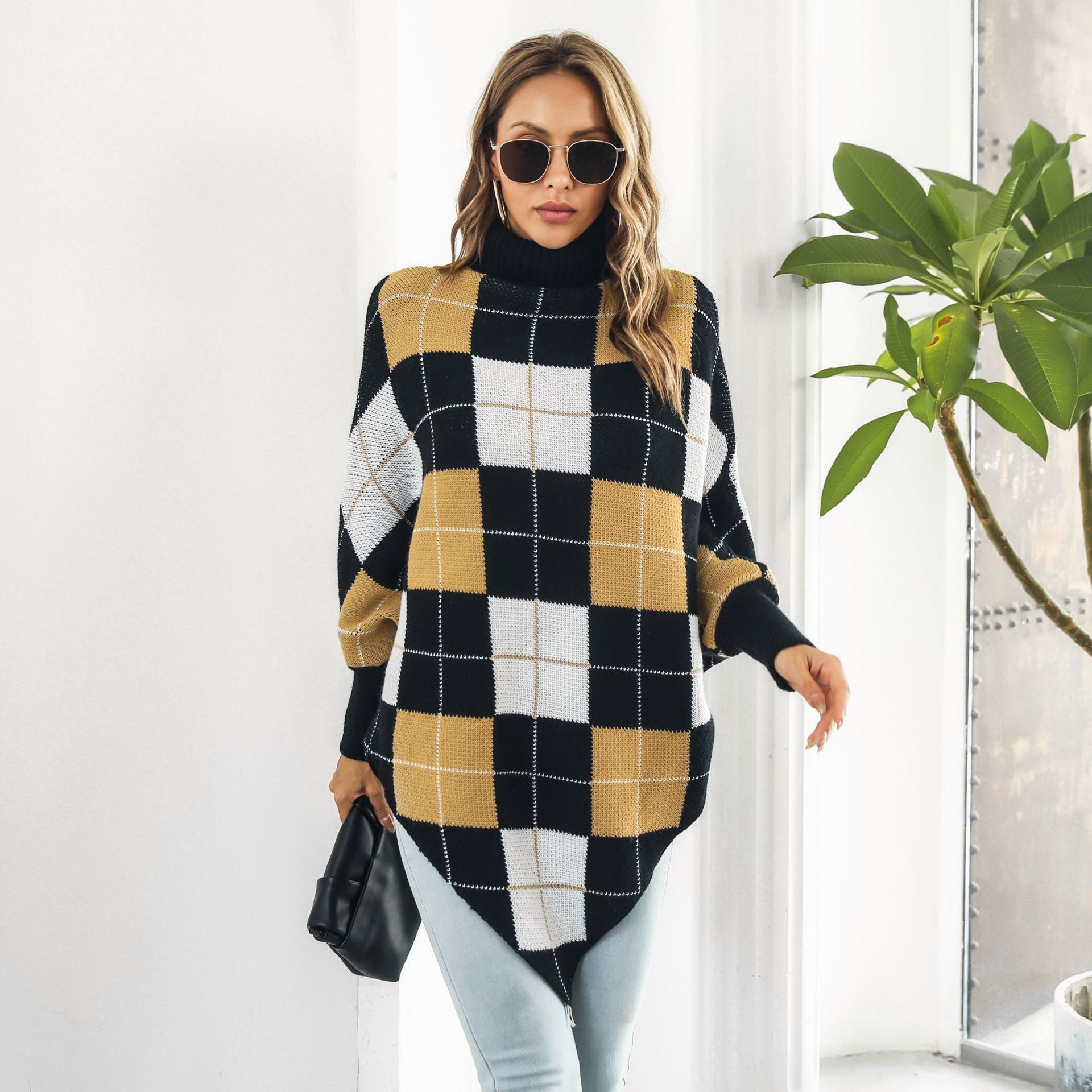 Damen Oversized Strickpullover mit asymmetrischem Saum und hohem Kragen R&B