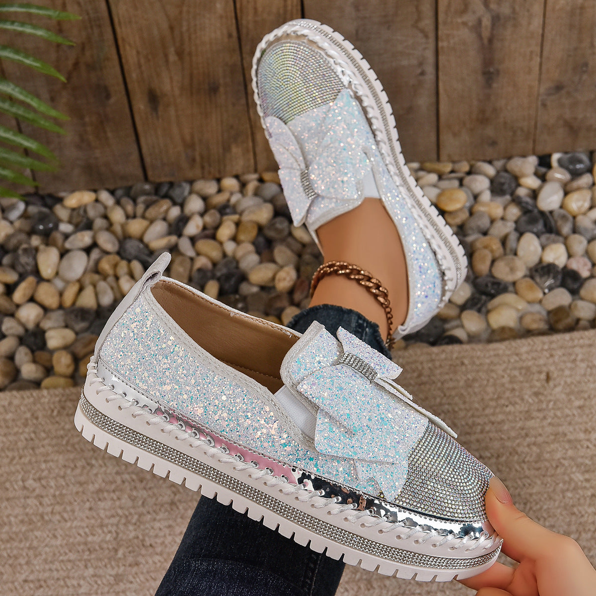 Damen Glitzernde Slip-On Sneakers mit funkelndem Schleifendesign und rutschfester Sohle R&B