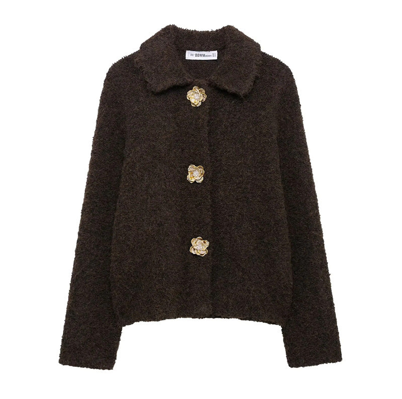 Damen flauschige Strickjacke mit dekorativen Blumenknöpfen R&B
