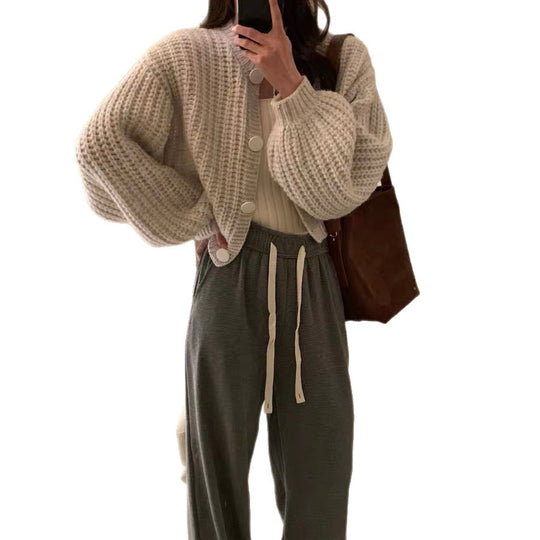 Damen Grobstrickcardigan mit voluminösen Ärmeln und großen Knöpfen R&B