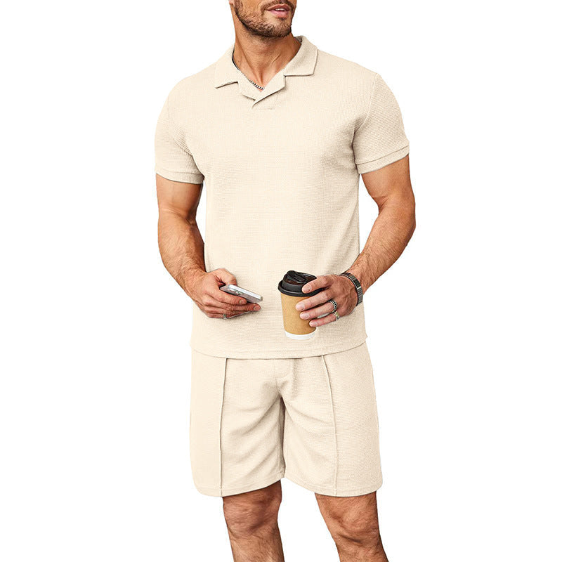 Herren nan zweiteiliges Freizeitset aus strukturierter Baumwollmischung mit Reverspolo und geraden Komfortshorts R&B