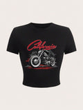 Damen Crop-T-Shirt mit kreativem Motorrad-Design und urbanem California-Aufdruck R&B