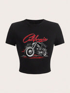 Damen Crop-T-Shirt mit kreativem Motorrad-Design und urbanem California-Aufdruck R&B