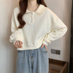 Damen Kurzarm Sweatshirt mit modischem Kragen und dekorativen Knöpfen