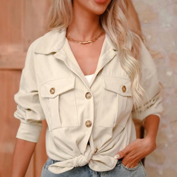 Damen lässige Kordjacke mit Knopfverschlüssen und Taschen R&B