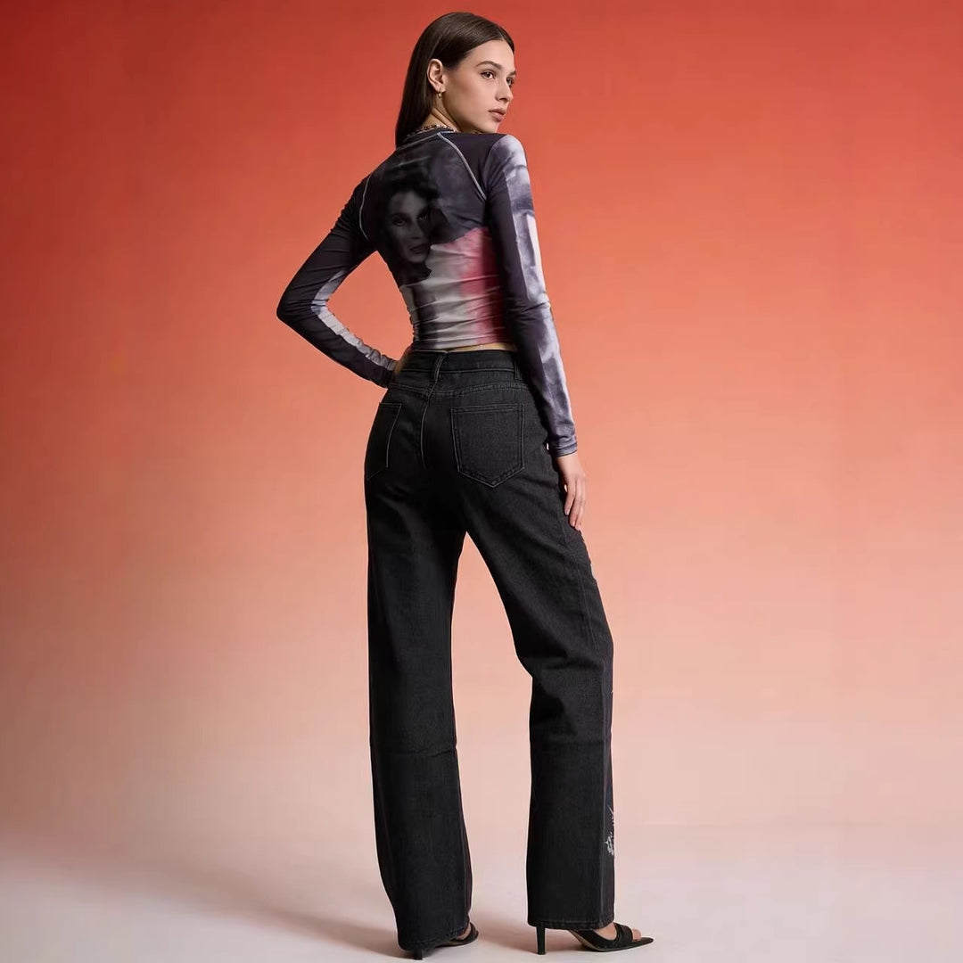 Damen Flared Jeans mit Blumendruck und hohem Bund