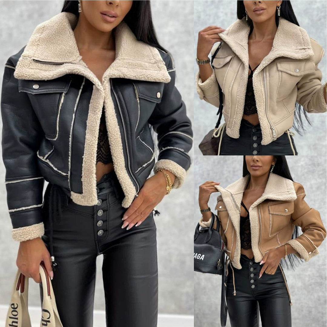 Damen angesagte und kuschelige Lammfelljacke mit abnehmbarem Kragen R&B
