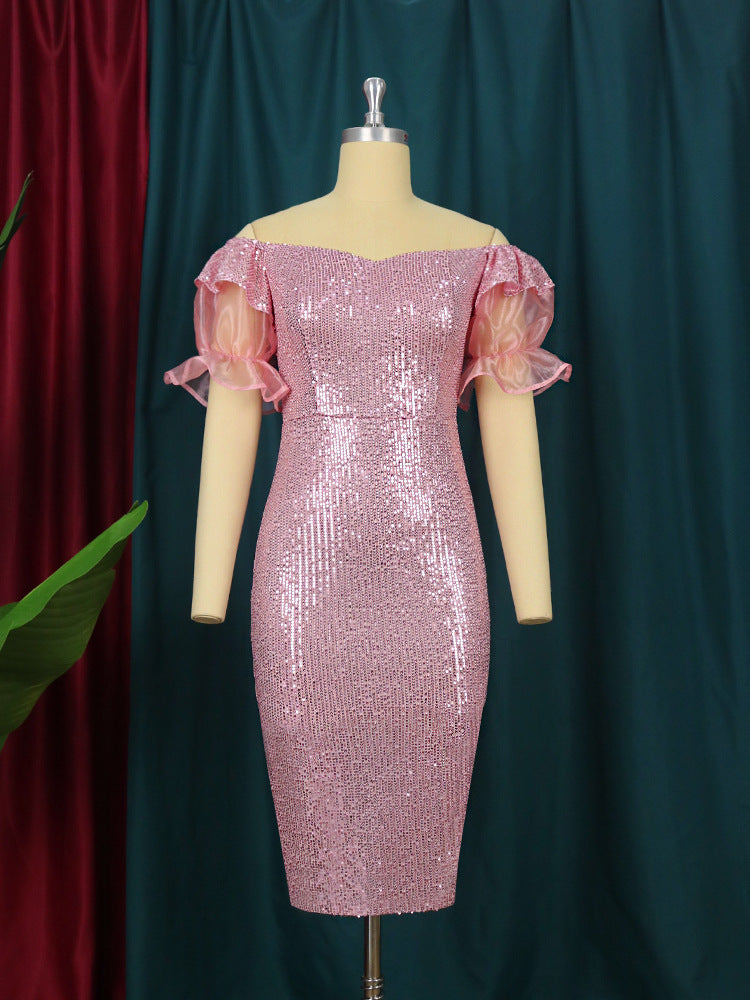 Damen glamouröses Abendkleid mit Glitzer und transparenten Puffärmeln R&B