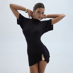 Damen Elegantes Minikleid mit hohem Kragen und asymmetrischem Rüschendesign R&B
