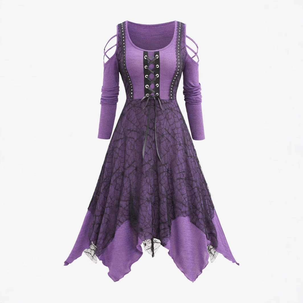 Damen Gothic Maxikleid mit Spitzenbesatz und Schnürung R&B