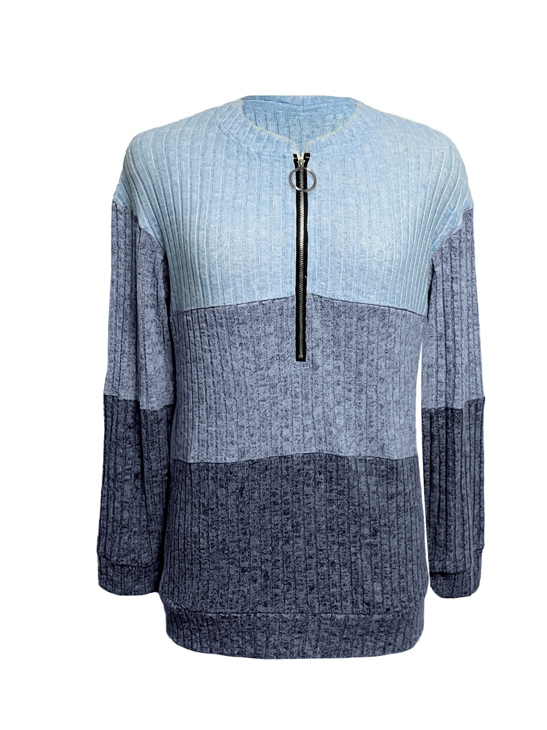 Damen nan gerippter Longpullover mit Ringreißverschluss und Colorblock-Struktur R&B
