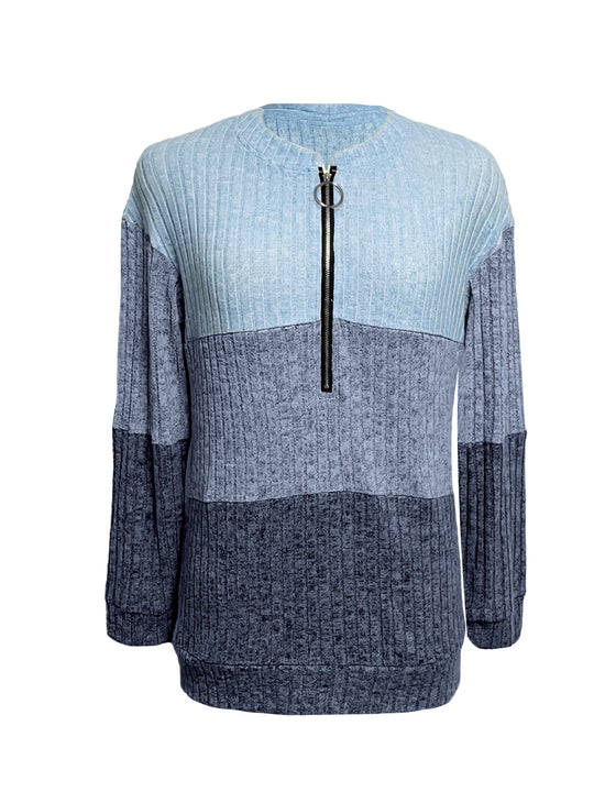 Damen nan gerippter Longpullover mit Ringreißverschluss und Colorblock-Struktur R&B
