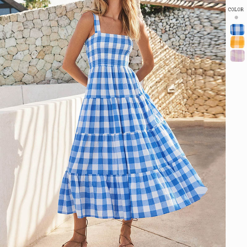Damen Sommerliches Maxikleid mit kariertem Design und Trägern R&B