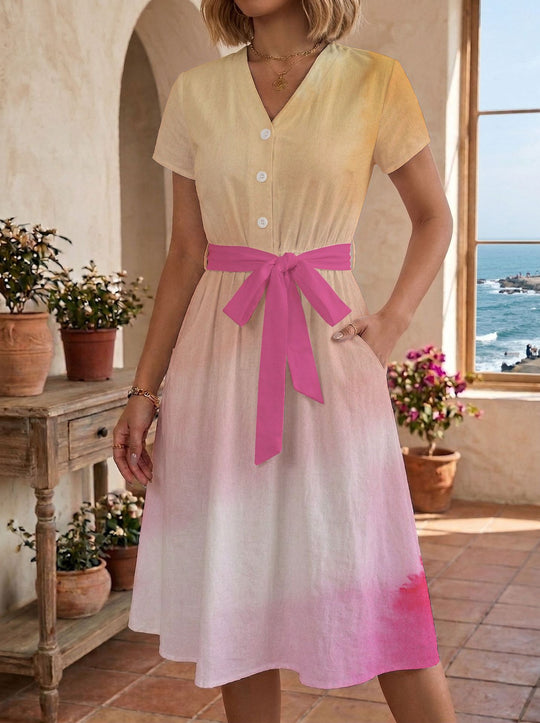 Damen Sommerliches Kleid mit taillierbarem Bindegürtel und floralem Muster R&B
