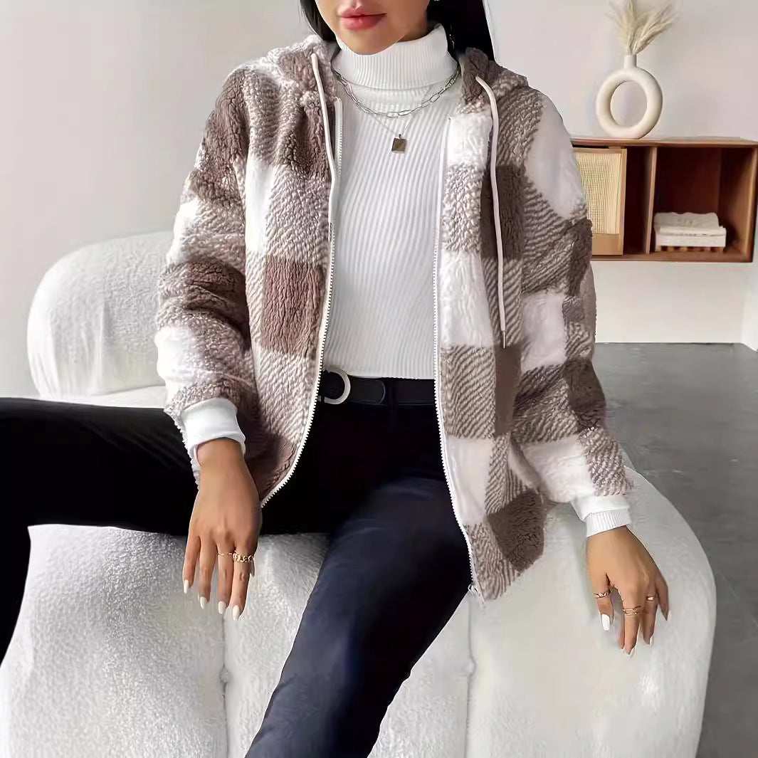 Damen kuschelige Plüschjacke im modernen Karomuster mit Kapuze R&B