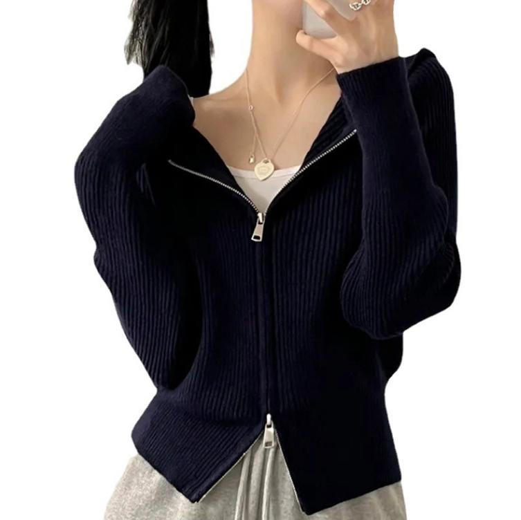 Damen lässige Strickjacke mit Kapuze und Reißverschluss R&B