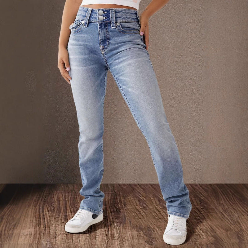 Damen Hochtaillierte Jeans mit modischem Knopfverschluss und schmalem Schnitt R&B