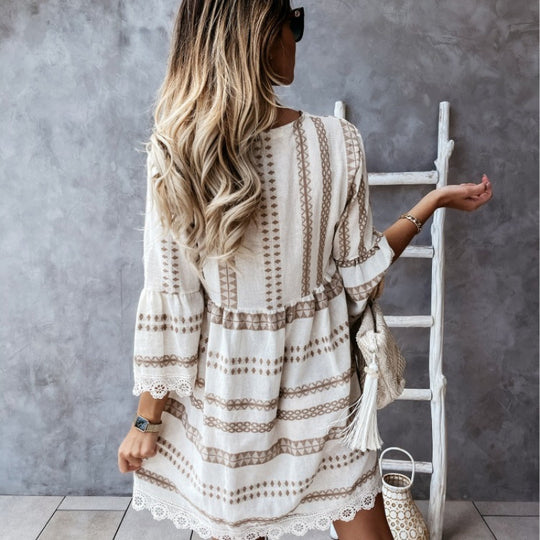 Damen Bohemian-Stil Schlagärmel Mini Kleid R&B