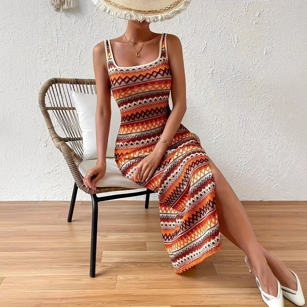 Damen Maxikleid mit auffälligem geometrischem Muster und seitlichem Schlitz R&B