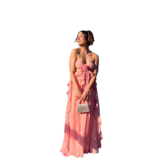 Damen luftiges Sommerkleid mit Rüschendetails und schulterfreiem Design R&B