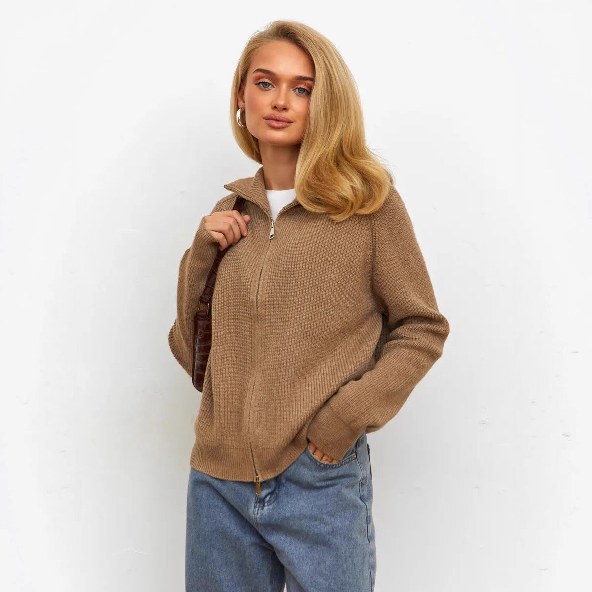 Damen Pullover mit hochschließendem Reißverschluss und strukturiertem Maschenmuster R&B