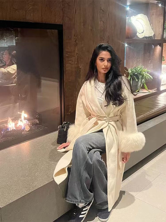 Damen eleganter, warmer Mantel mit luxuriösen Fellsärgen R&B