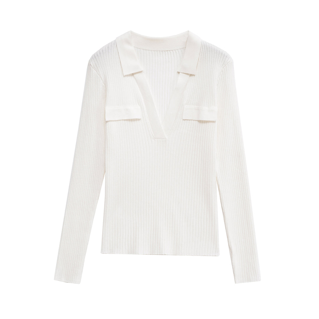 Damen Langarmshirt mit V-Ausschnitt und dekorativen Taschen R&B