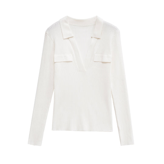 Damen Langarmshirt mit V-Ausschnitt und dekorativen Taschen R&B