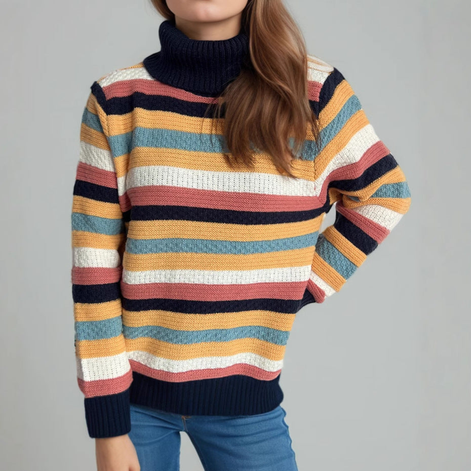 Damen Rollkragenpullover mit farbenfrohen Streifen und hochwertiger Strickqualität R&B