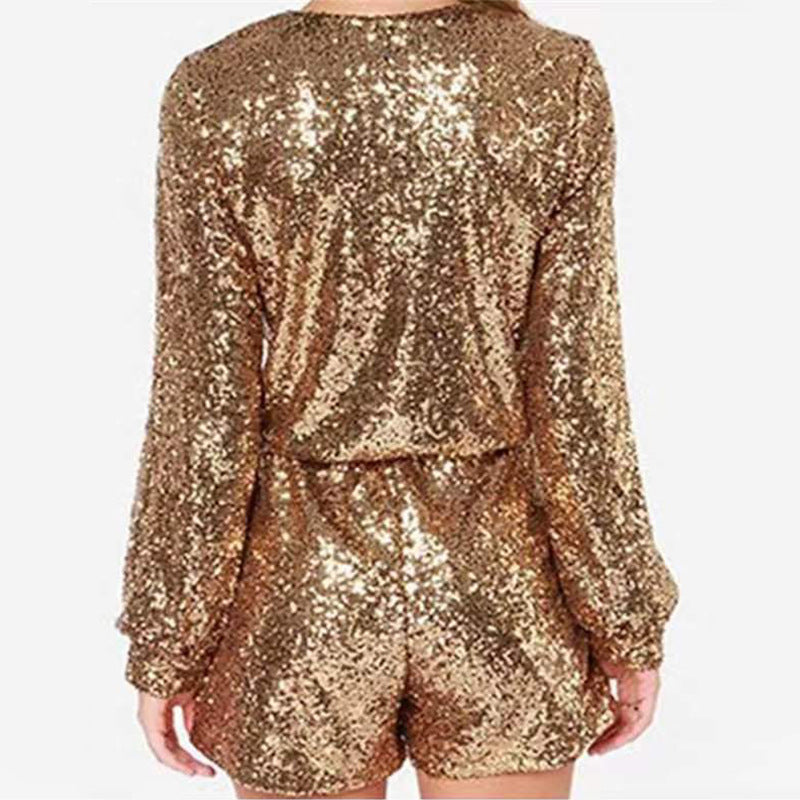R&B Damen Kurzer Pailletten-Jumpsuit Langarm mit V-Ausschnitt