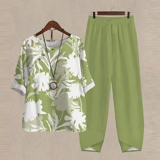 Damen nan luftiges Tunika-Zweiteiler mit botanischem Blattprint, legerer V-Ausschnitt-Bluse und elastischer Komforthose R&B