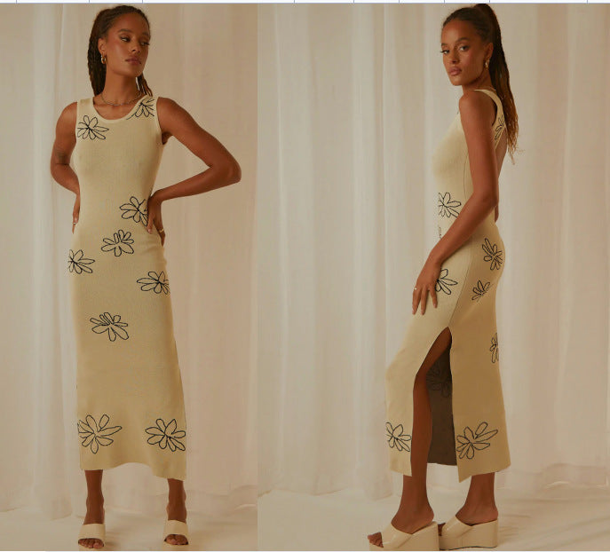 Damen Blumen Strickkleid mit schmalem Schnitt und ärmellosem Design R&B