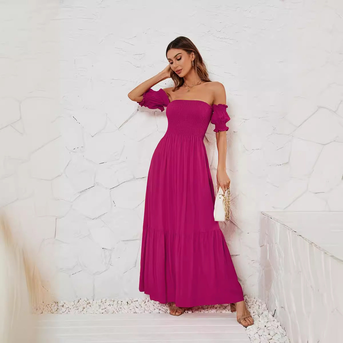Damen Maxikleid mit schulterfreiem Schnitt und romantischen Puffärmeln R&B