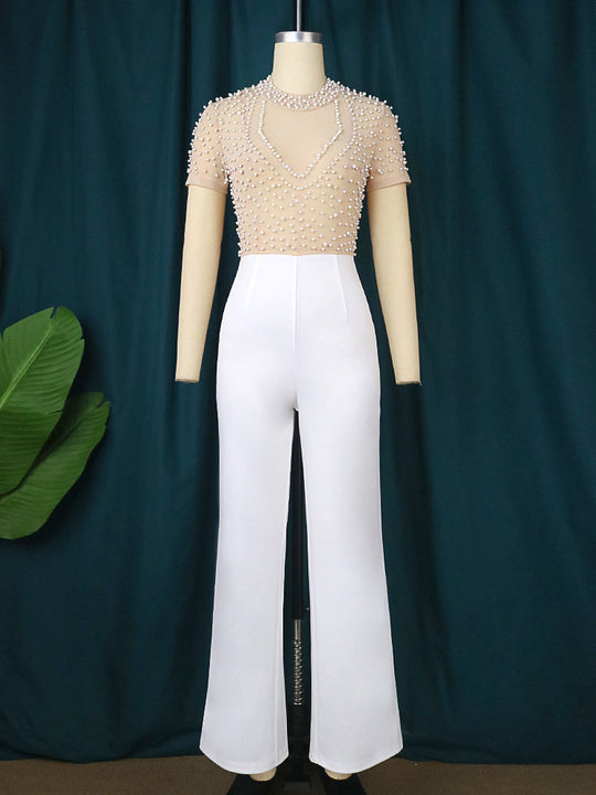 Damen eleganter Jumpsuit mit glitzernden Perlenakzenten R&B