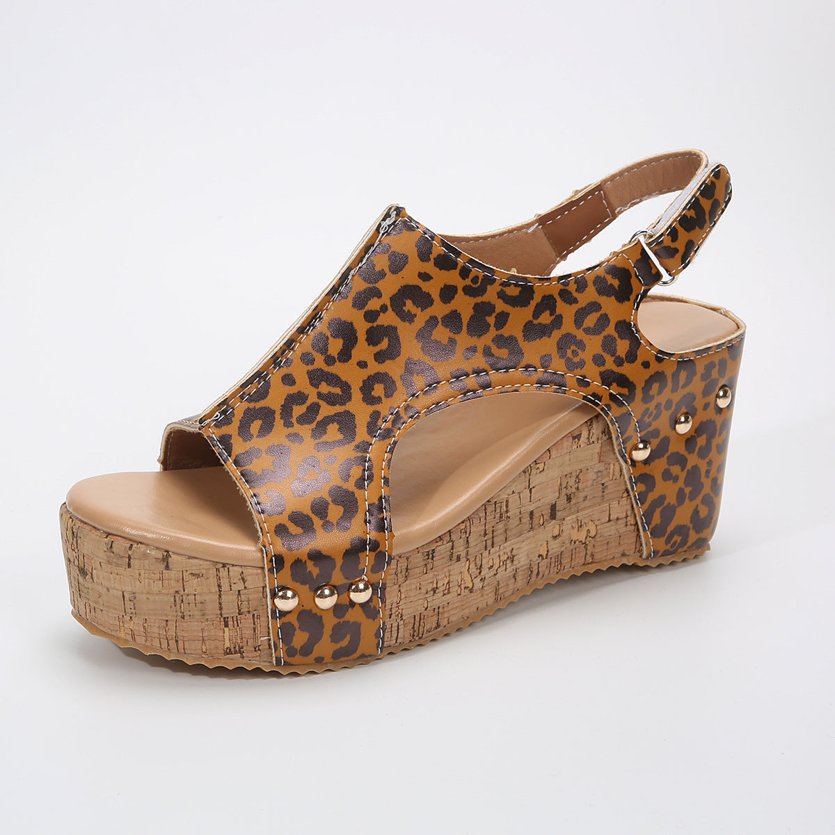 Damen Plateau-Sandalen mit ausgefallenem Leopardenmuster und Kork-Optik R&B