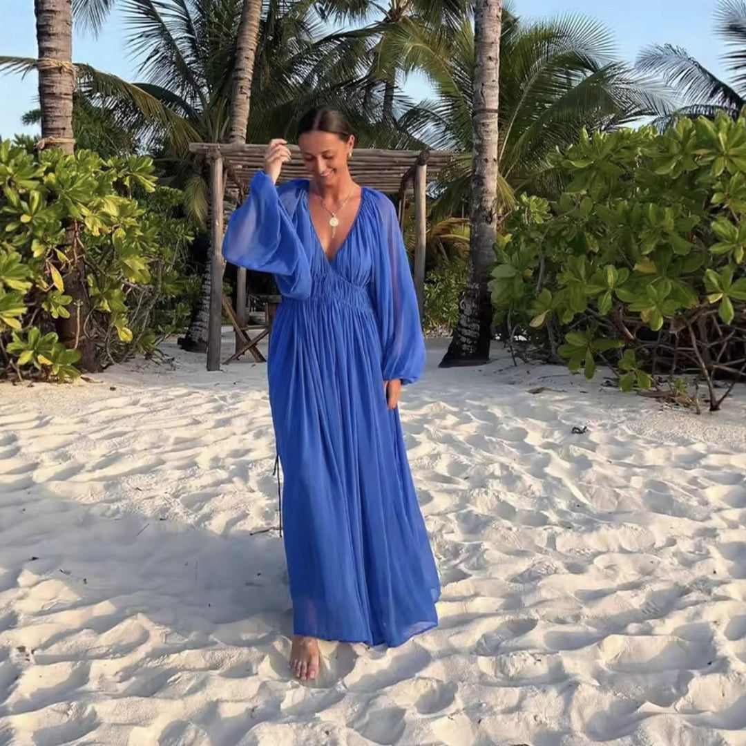 Damen Maxikleid mit eleganter Wickeloptik und femininen Rüschen R&B