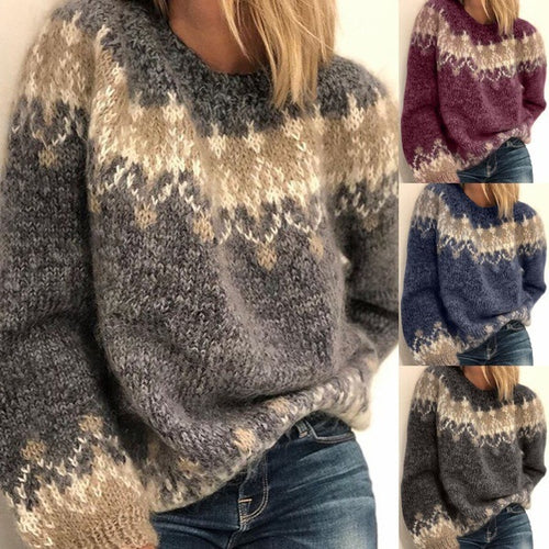 Damen gemütlicher Strickpullover mit modernem Muster und voluminösen Ärmeln R&B