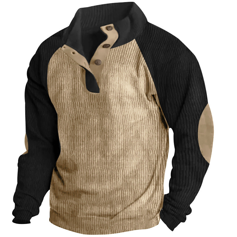 Herren nan strukturiertes Henley-Sweatshirt mit Stehkragen, Raglanärmeln und Ellbogenpatches R&B
