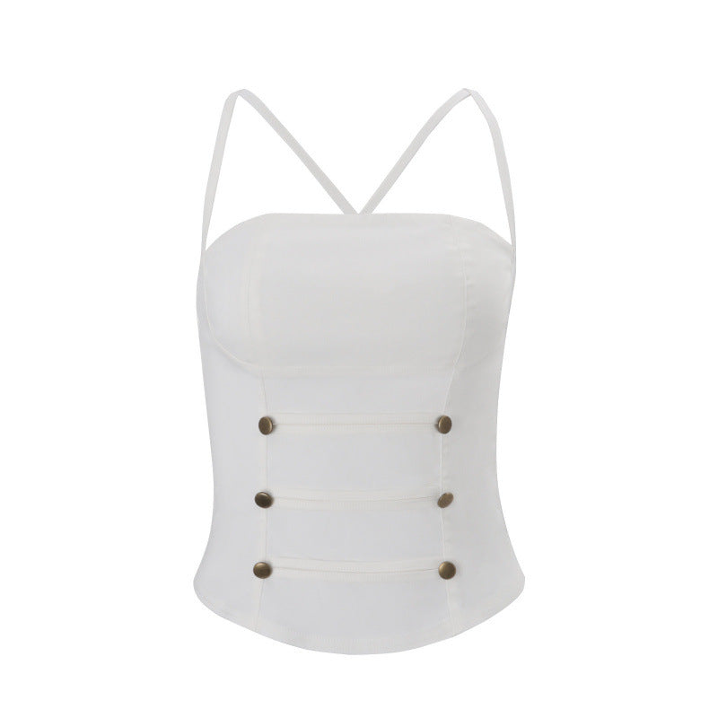 Damen Stylisches Top mit verstellbaren Spaghettiträgern und Knopfdetail R&B