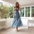 Damen luftiges Maxikleid mit Rüschendetails und verstellbarem Taillenband R&B