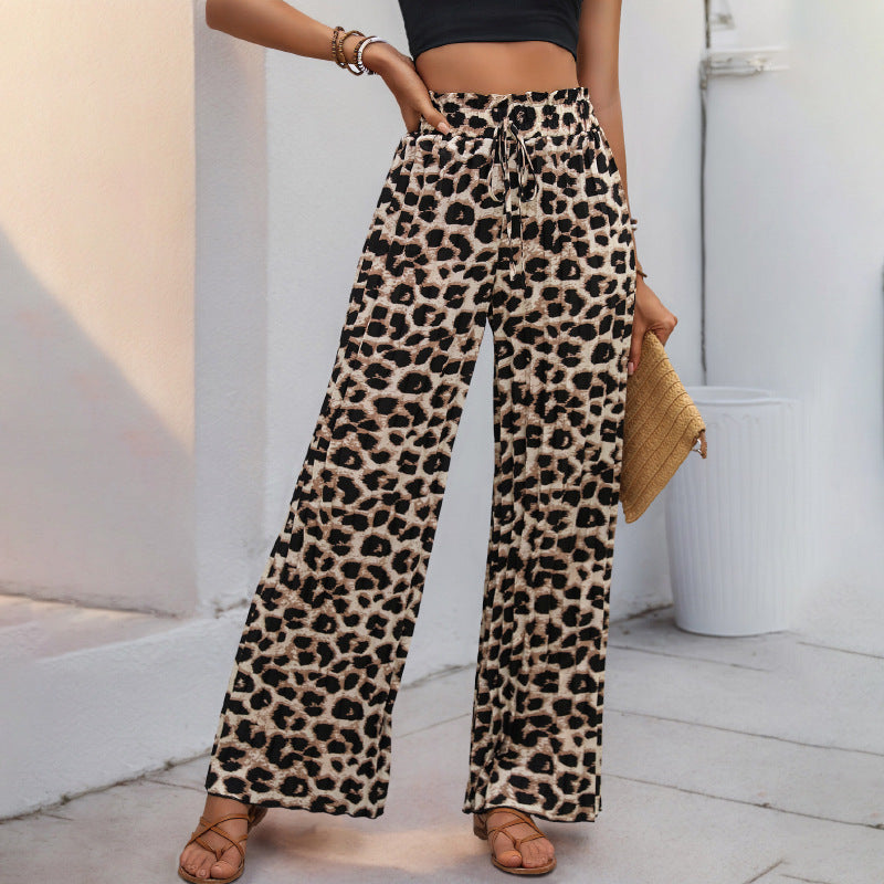 Damen Weite Leopardmuster-Hose mit elastischem Bund und Kordelzug R&B