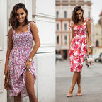 Damen Blumenkleid mit verstellbaren Spaghetti-Trägern und sexy Schlitz R&B