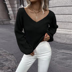 Damen Strickpullover mit tiefem V-Ausschnitt und weit geschnittenen Ärmeln R&B