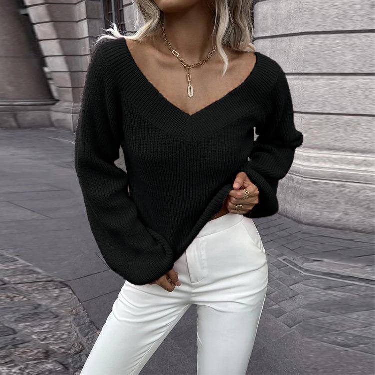 Damen Strickpullover mit tiefem V-Ausschnitt und weit geschnittenen Ärmeln R&B