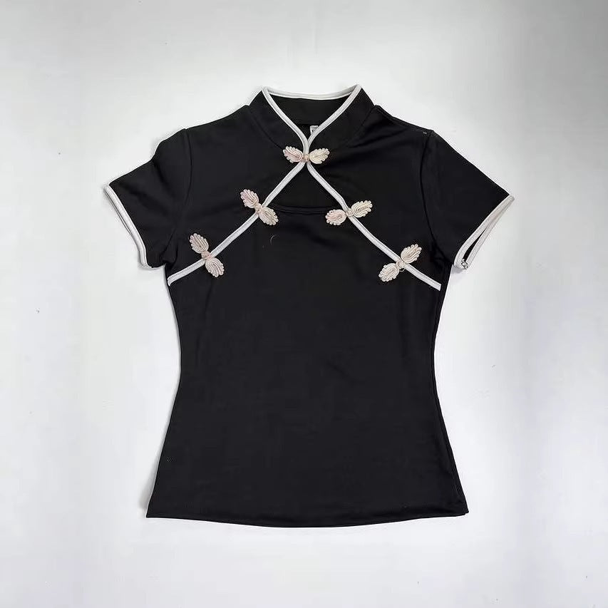 Damen Chinesisch inspirierte Bluse mit modernem Stehkragen und floralen Details