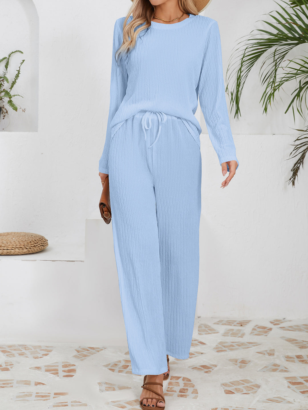 Damen Lässiges Lounge-Set aus leichtem Rippmaterial mit elastischem Bund R&B