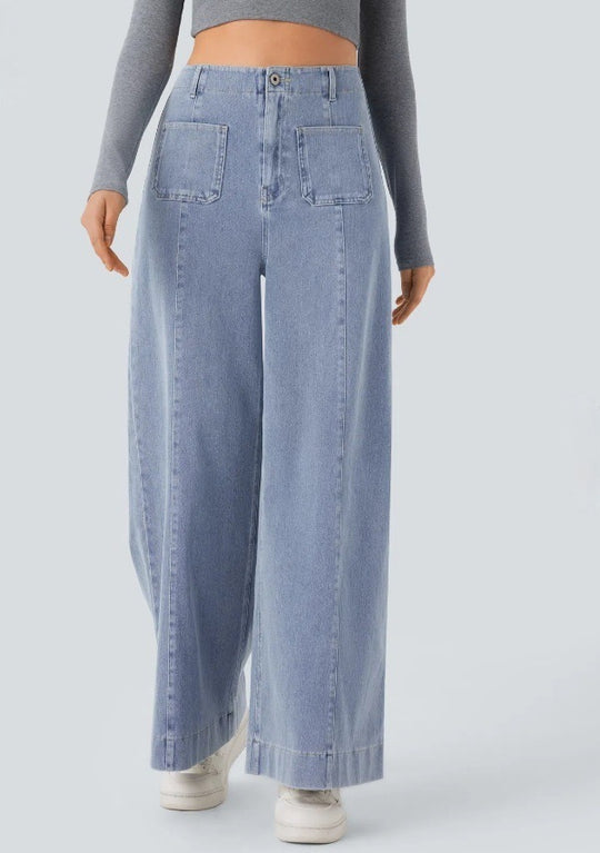 Damen nan hochtaillierte weite Jeanshose mit aufgesetzten Fronttaschen und vertikaler Ziernaht R&B