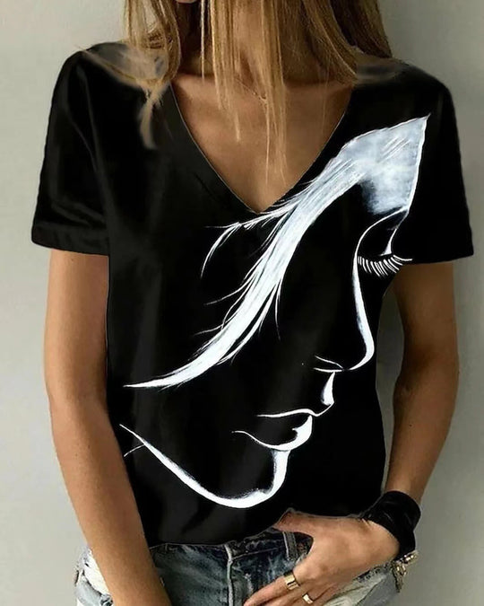 Damen V-Ausschnitt T-Shirt mit kreativem Grafikdruck R&B