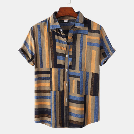 Herren Kurzarmhemd mit kreativem Patchwork-Muster und lockerer Passform R&B